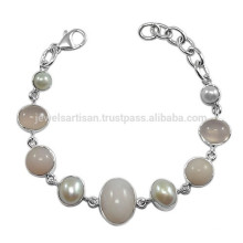 Pearl Rose Quartz & Pink Opal Natural Gemstone with 925 Silver Link Bracelet for All